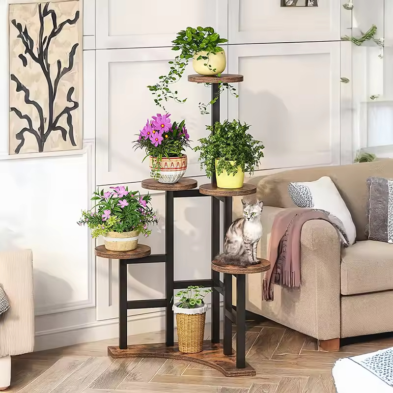 Factory Custom Modern Wood+Metal Powder Coated Plant Stand Tree Shape Tripod Design 3-tier Stylish Indoor/Outdoor Display
