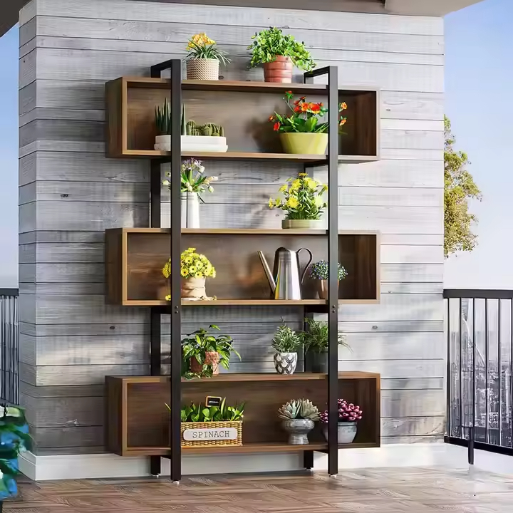 Factory Custom Modern Tall Wooden 3-Tier Plant Stand Bookshelf Ladder Shelf Outdoor/Indoor Living Room Furniture Powder Coated