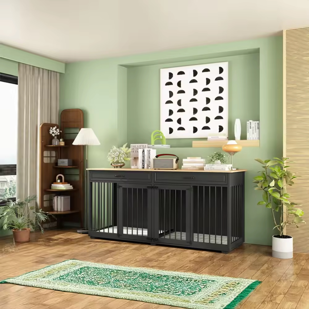 ODM&OEM Heavy Duty Wooden Dog Crate Furniture with 2 Drawers and Divider Standing Type Cleaning Tools