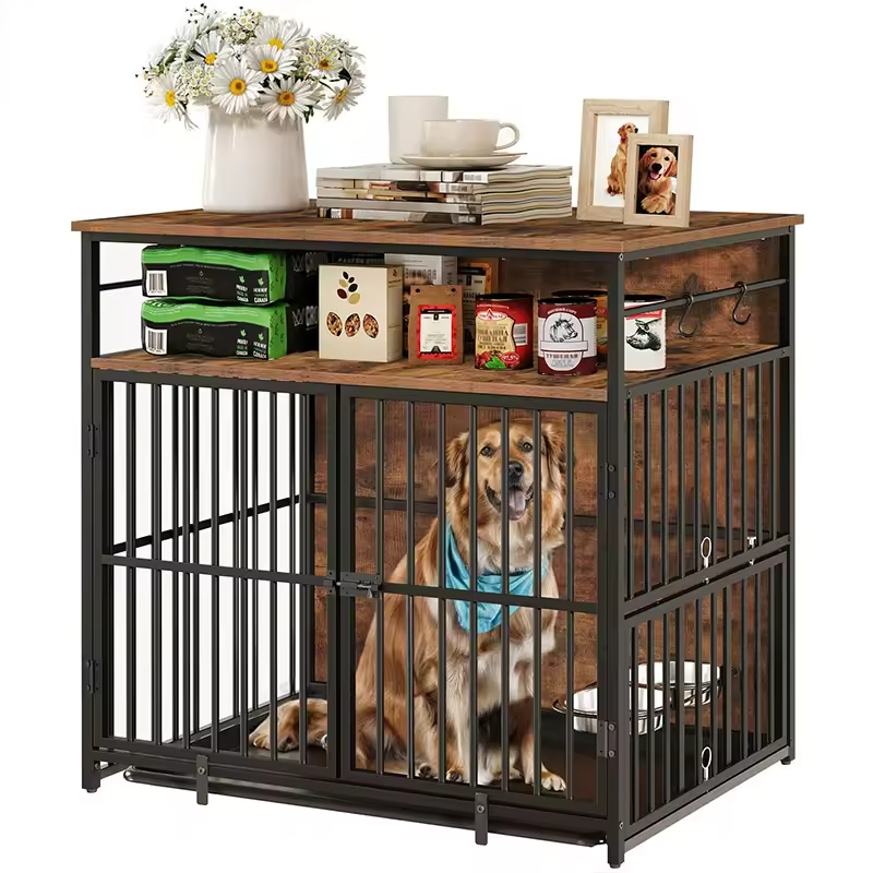 Factory Custom Large Dog Crate Furniture Heavy Duty Stainless Steel Powder-Coated Kennel Storage Box End Side Table Plastic Tray
