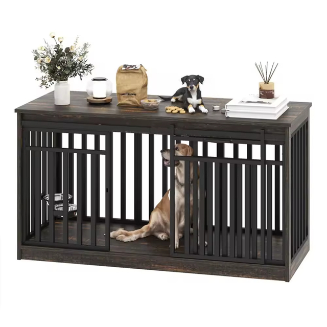 ODM&OEM Heavy Duty Wooden Dog Crate Kennel with Sliding Doors Dog Bowl Movable Sustainable Vintage Cleaning Tools Standing Type