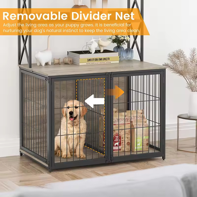 Modern Factory Custom Dog Cage Storage Shelves Furniture-Style Dog Crate Three Doors Detachable Divider Net Metal+Wood Portable