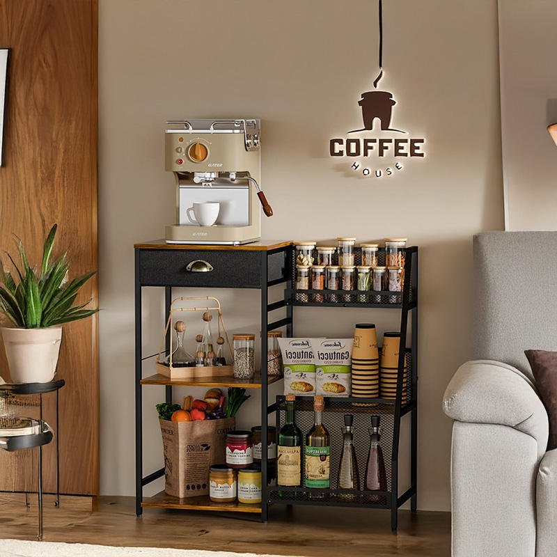 Modern Rustic Single-Tier Wood Coffee Bar Cabinet Brown Drawers Metal Storage Rack for Kitchen Living Room for Small Farmhouse
