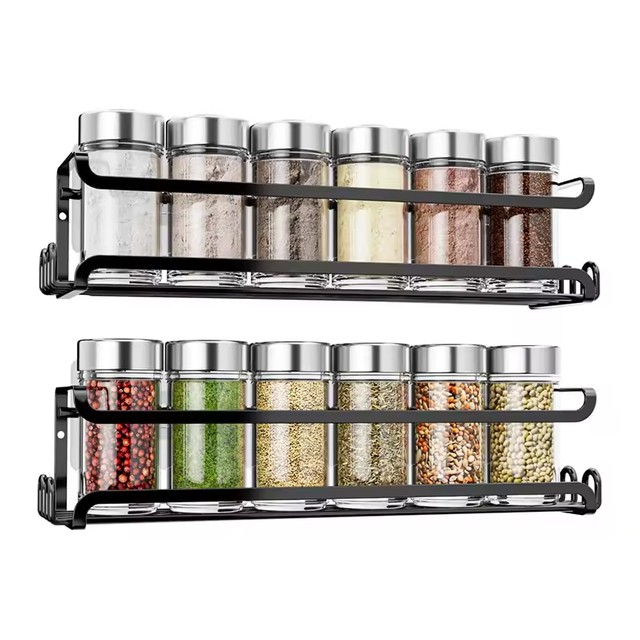 2 Pack Wall Mounted Spice Rack With 8 Hooks, Spice Organizer For Cabinet Pantry Door Spice Shelf Hanging Wall Spice Rack