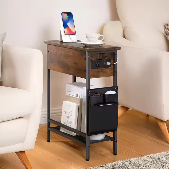 OEM Modern Wooden Flip Top Skinny Side Table Small Spaces Nightstand with Charging Station for Bedroom and Living Room