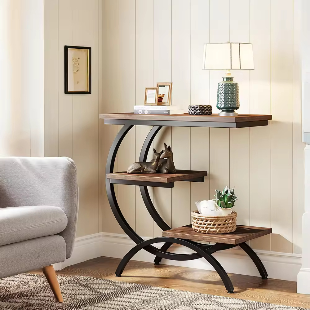 C-Shaped End Table Industrial 3-Tier Small Side Table for Couch Bedside Tables with Storage Shelves for Living Room Small Space