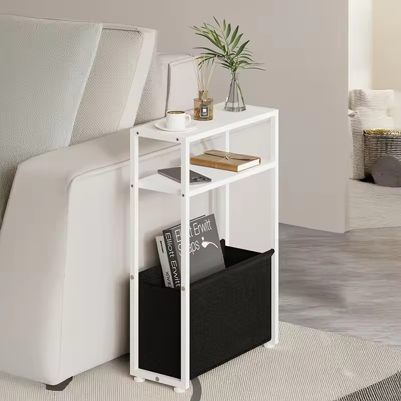 OEM&ODM Narrow End Table with Storage Basket for Compact Living Rooms Space-Saving Narrow Side Table with Fabric Basket