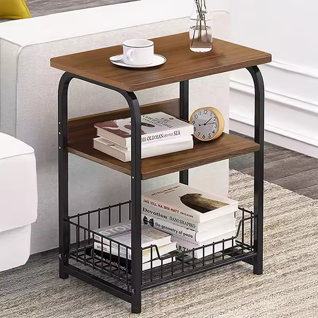 OEM&ODM End Table Side Table 3 Tiers Nightstand Retro Storage Shelf for Bedroom Stable Wood and Metal Frame Side Table
