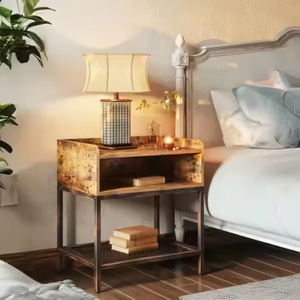 Modern Rustic Solid Wood Metal Nightstand Side Table Convertible Charging Station USB Ports OEM&ODM Bedroom Furniture Home