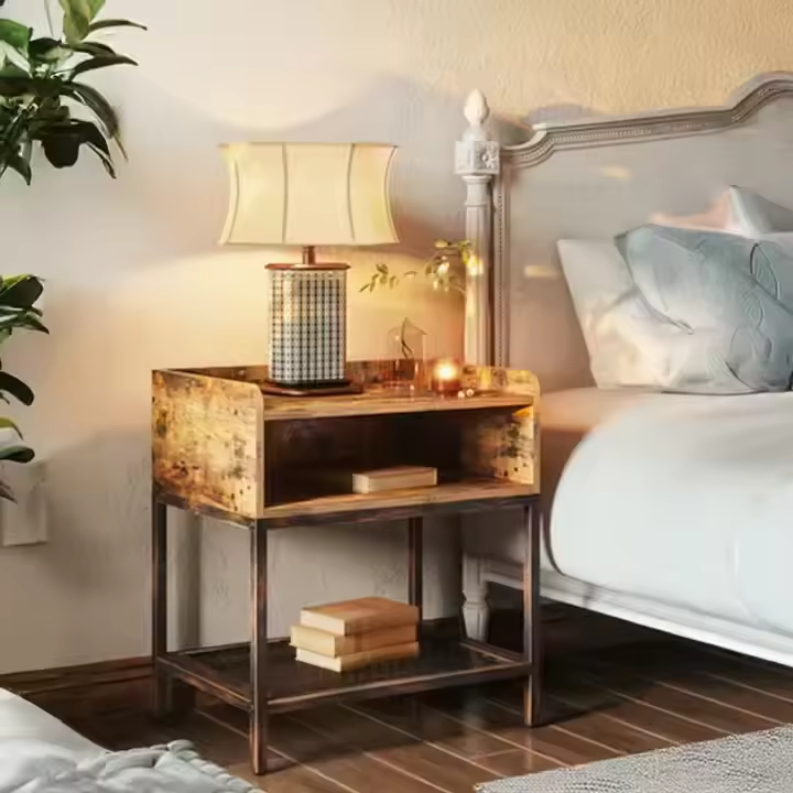 Modern Rustic Solid Wood Metal Nightstand Side Table Convertible Charging Station USB Ports OEM&ODM Bedroom Furniture Home