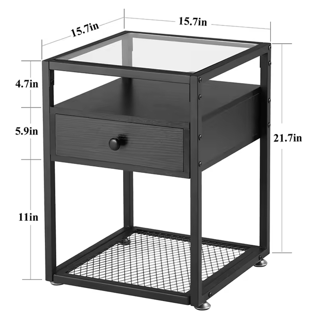 Contemporary 2-Layer Glass Top End Table with Drawer Shelf for Dining in Living Rooms Bedrooms Offices Hotels Factory ODM & OEM