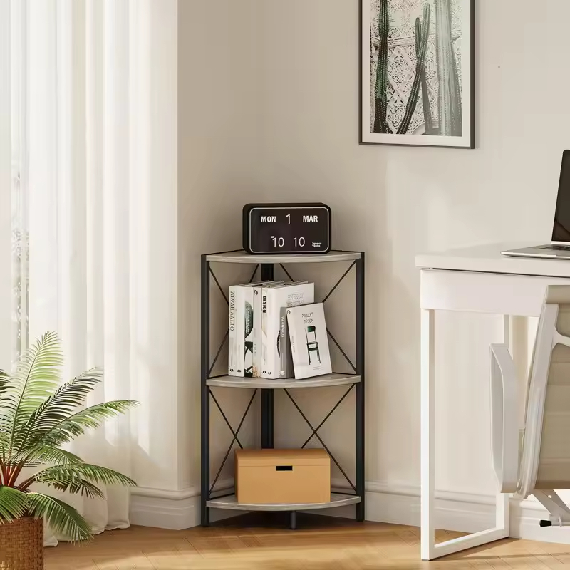 Factory Custom 3-Tiers Solid Wood Top Bookcase with Metal Base for Sofa Bed Side Versatile & Convenient Bookshelf