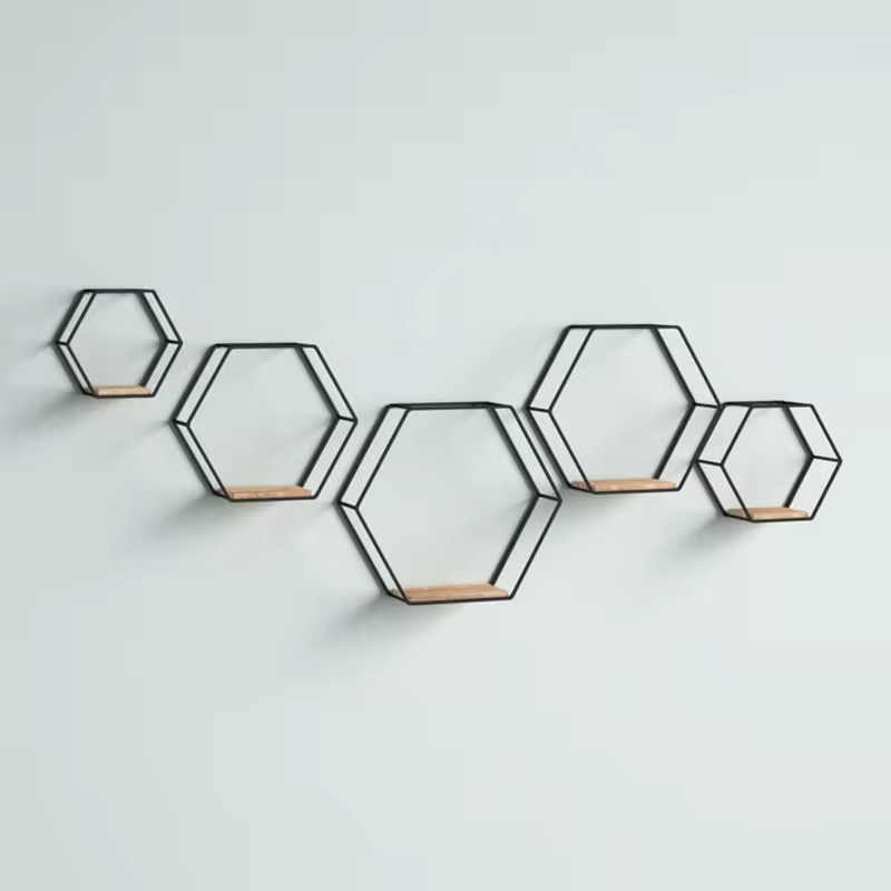 Custom 5-Piece Wall-Mounted Metal Wood Three-Layer Multifunction Contemporary Storage Shelf Coating for Bedroom Living Room