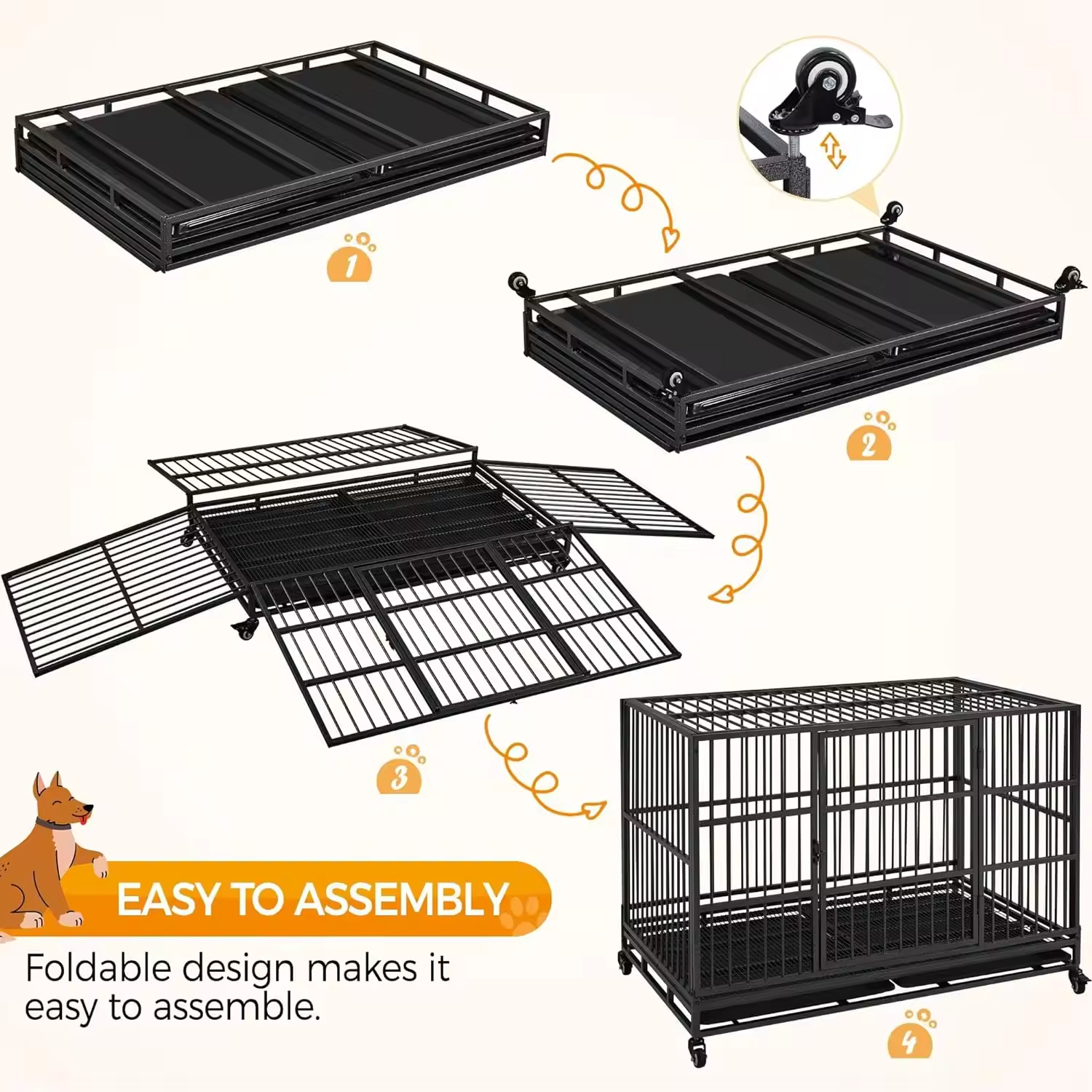 48'' XXL Indestructible Foldable Dog Crate 2 Lockable Doors Removable Metal Trays Wheels Extra Home Storage Organization