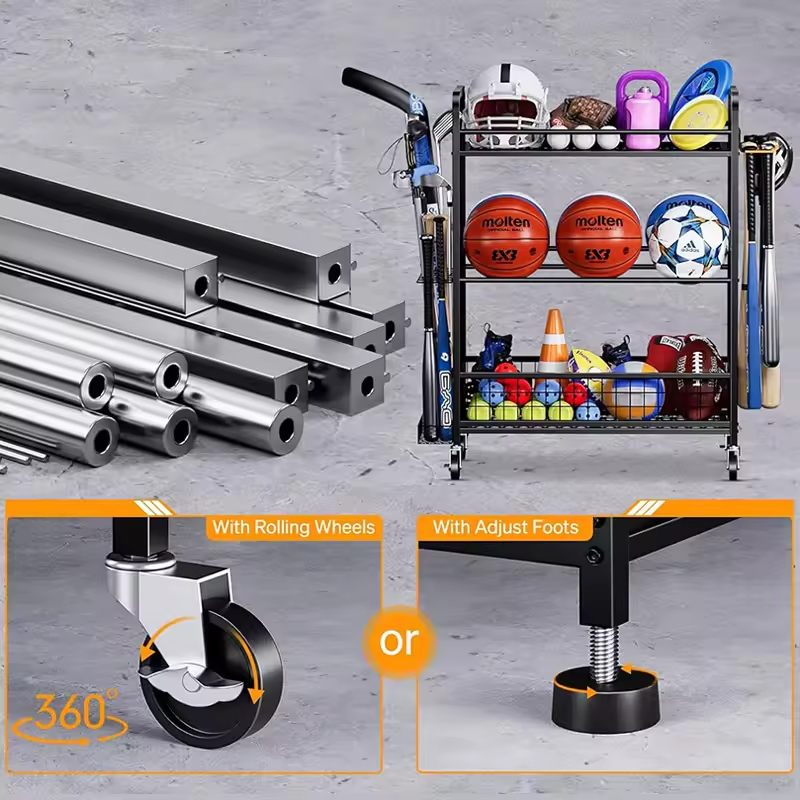 For Garage Indoor and Outdoor Toy Storage Racks with Wheels Basketball Racks with Baskets and Hooks Living Room Storage Shelf