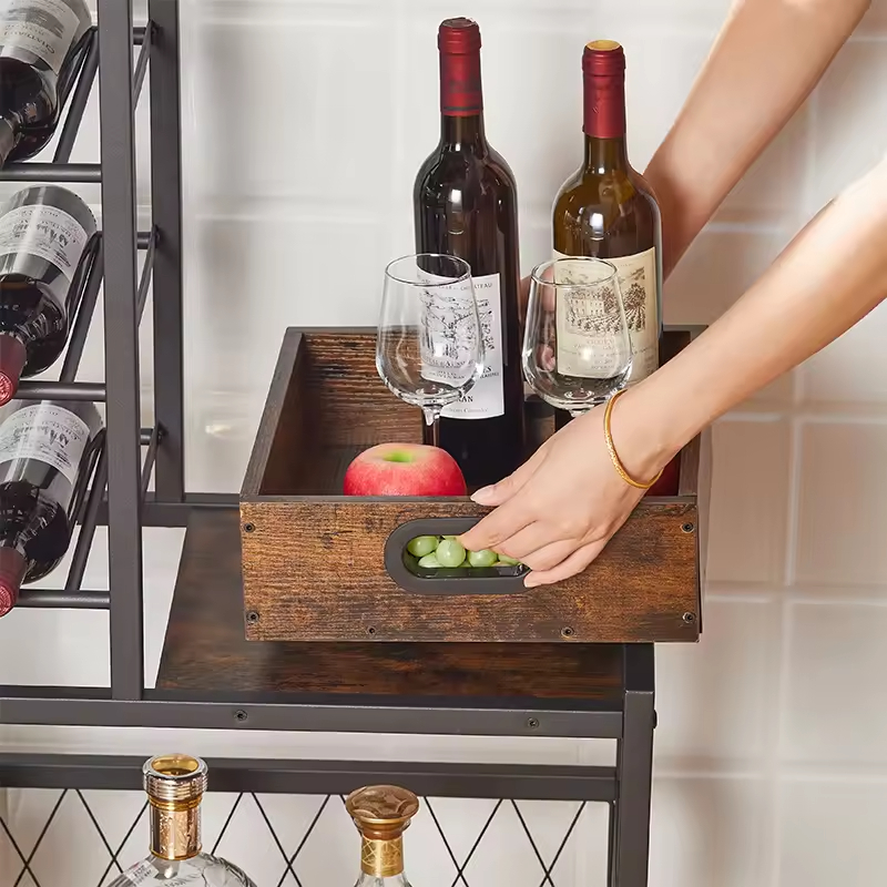 5-Layer Eco-Friendly Industrial Rolling Floor Type Non-folding Kitchen Service Cart Metal Wood Wine Storage Glass Racks
