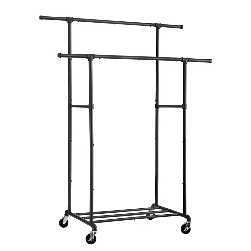 Custom Heavy-Duty Double Rod Metal Clothing Hanger Organizer Wheeled Closet Bedroom Garment Rack Detachable Living Room Use