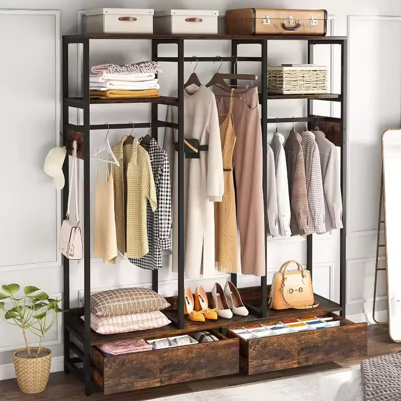 Vintage Multi-Functional Solid Color Steel Wood Structure Clothing Rack for Bedroom Wardrobe Customizable Solid Display Rack