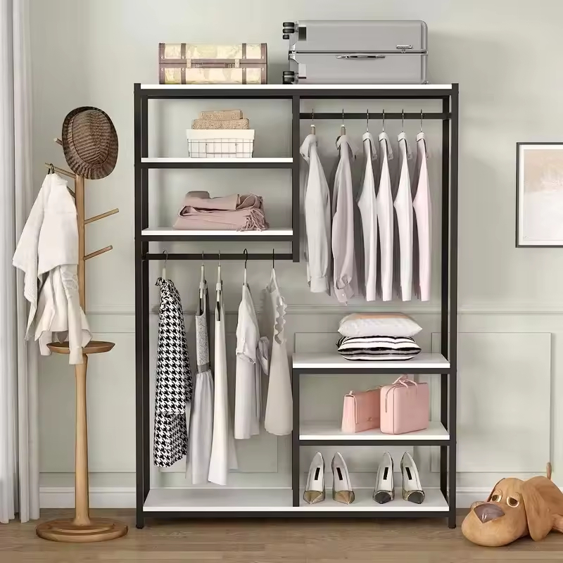 Hot Selling ODM Combined Steel Wood Storage Rack for Bedroom & Bathroom Multi-Functional Clothing Rack Direct Factory Wardrobe
