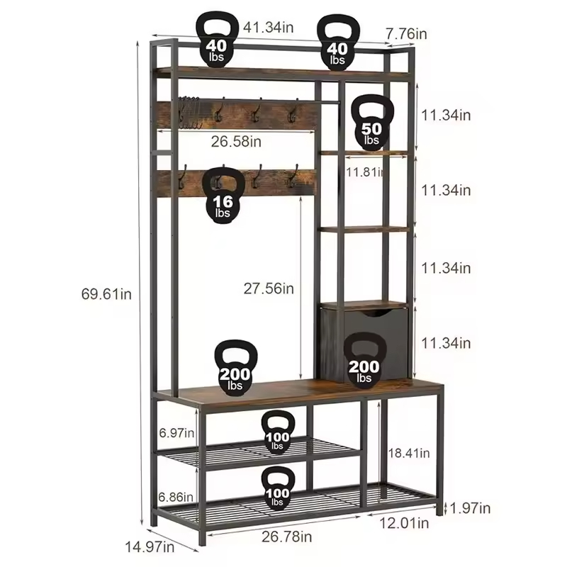 Factory OEM&ODM Shoe Clothes Rack for Entry Hall Tree Shoe Bench 5 in Coat Rack Set Storage Shelf Wooden Clothes Rack
