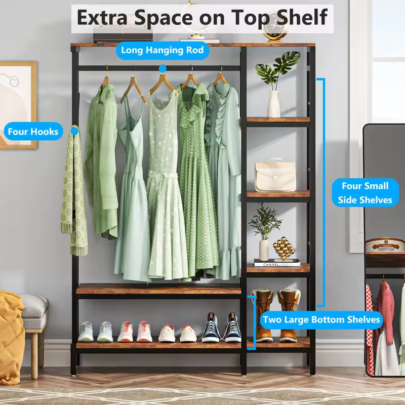 Manufacturer Custom Hot-selling Storage Clothes Rack Multi-function Steel and Wood Structure Clothes Display Rack