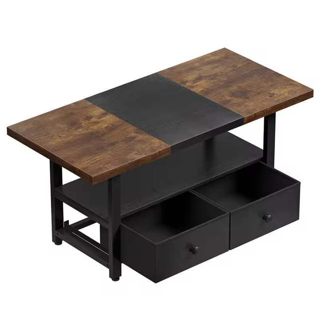 Factory Custom Console Table With Storage Shelves and 2 Drawers Rectangular Table Wooden Top Metal Frame Living Room Brown