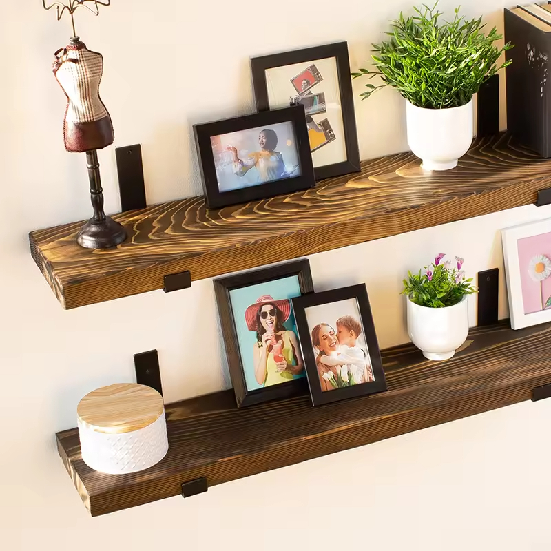 Custom Modern Rectangle Plated Live Edge Hardwood Shelves Bathroom Kitchen Rack with Bracket Long Book Floating Shelf