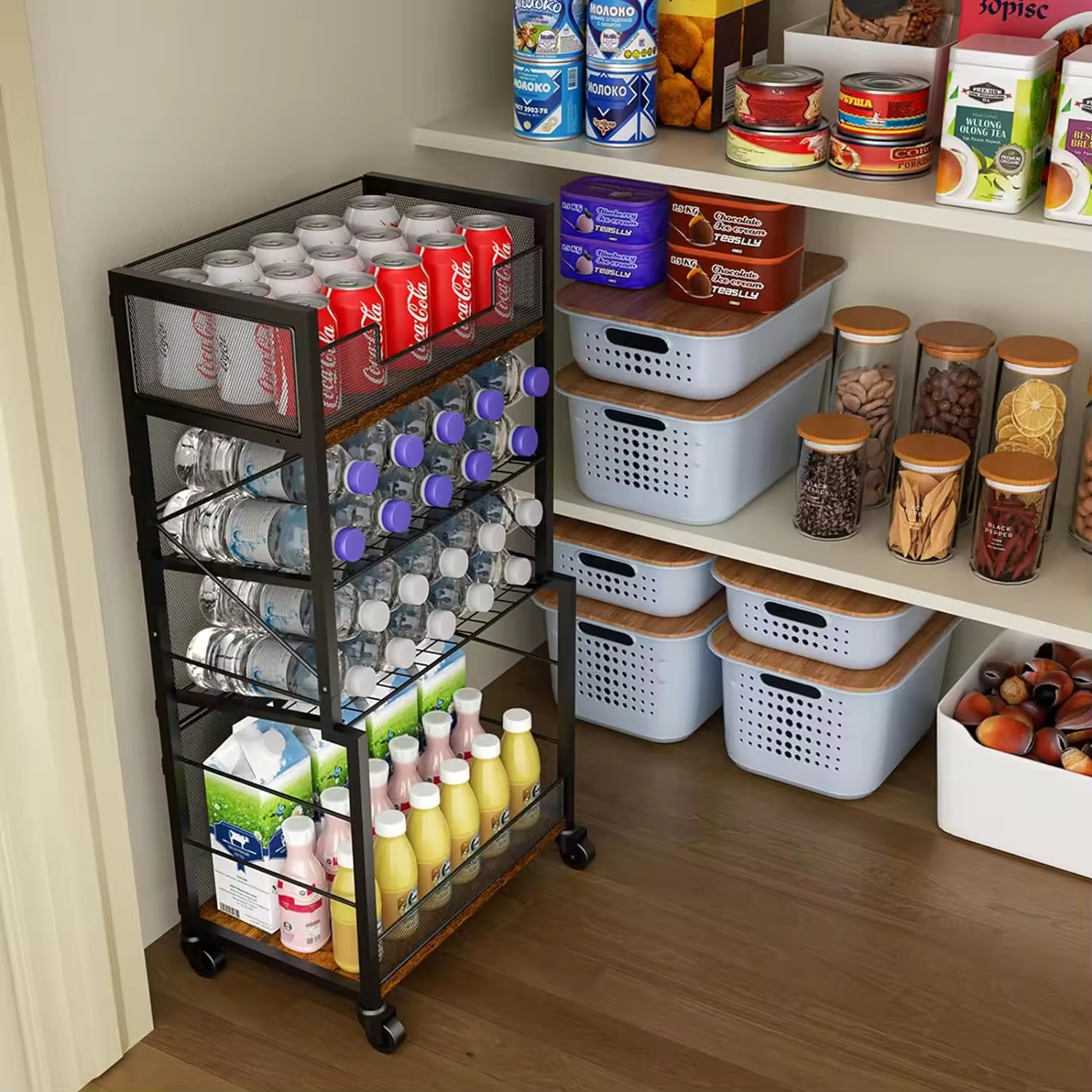 4-tier Rolling Storage Cart Organizer With 2 Mesh Sliding Trays for Home Offices Schools or Living Room Kitchen Shelving