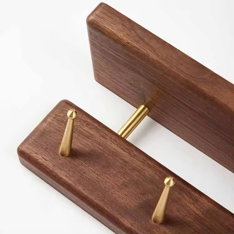 Modern Black Walnut Wooden Rectangle Coat Hook Key Storage Rack Punch-Free Wall Hanging Durable Space-Saving Home Decor Door