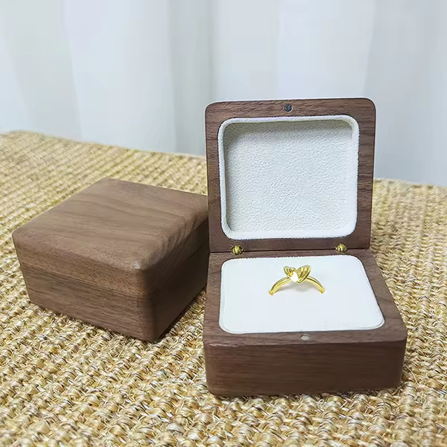 Hot Selling Wooden Box Packaging Single Double Ring with Black Velvet Inside Collection Walnut Wooden Ring Box for Engagement