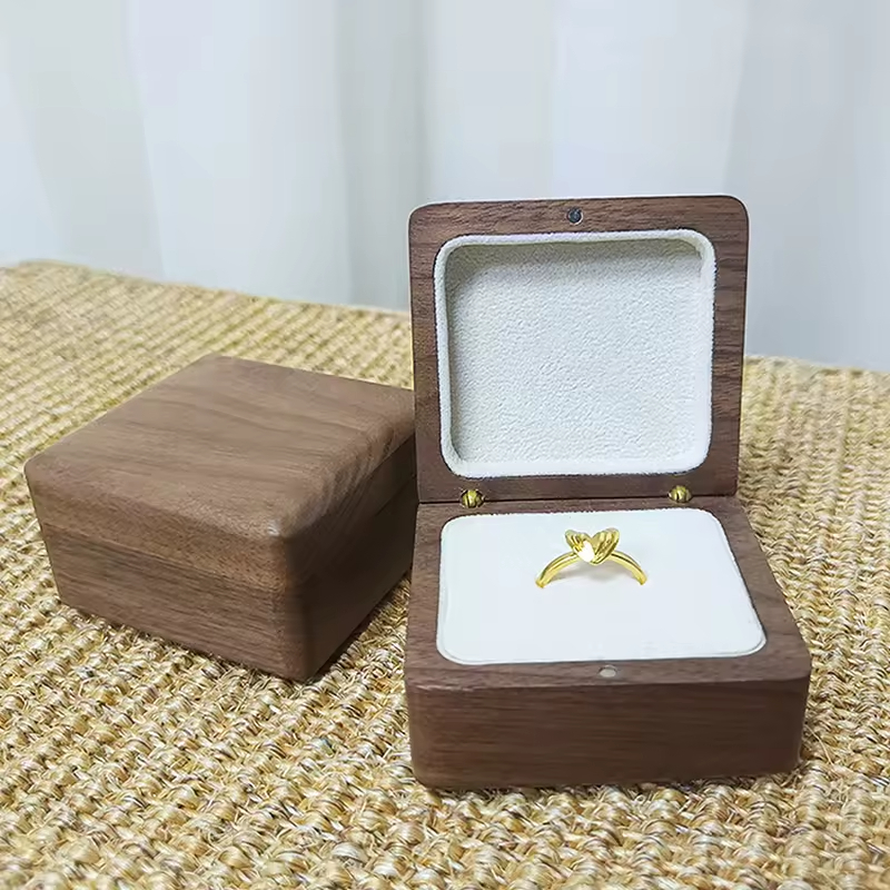 Hot Selling Wooden Box Packaging Single Double Ring with Black Velvet Inside Collection Walnut Wooden Ring Box for Engagement