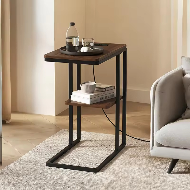 Modern C-Shaped End Table with Metal Base Space-Saving Side Nightstand for Sofa & Bed in Small Home Furniture