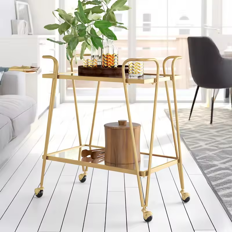 Modern Hotel Trolley Indoor/Outdoor Gold Folding Metal Rolling Multifunction Serving Bar Cart for Kitchen Living Room & Bathroom