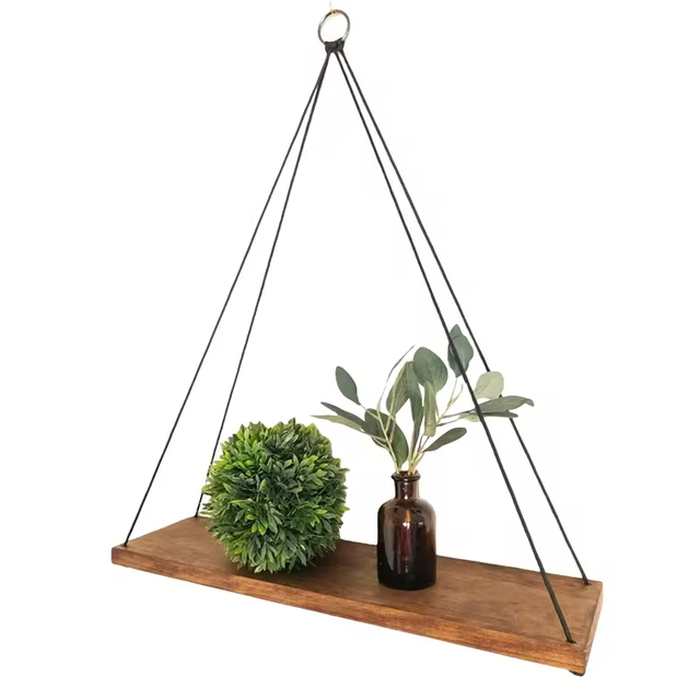 Customized High Quality Rectangle Rope Wood Modern Wall Mounted Simple Storage Rack Dark Brown