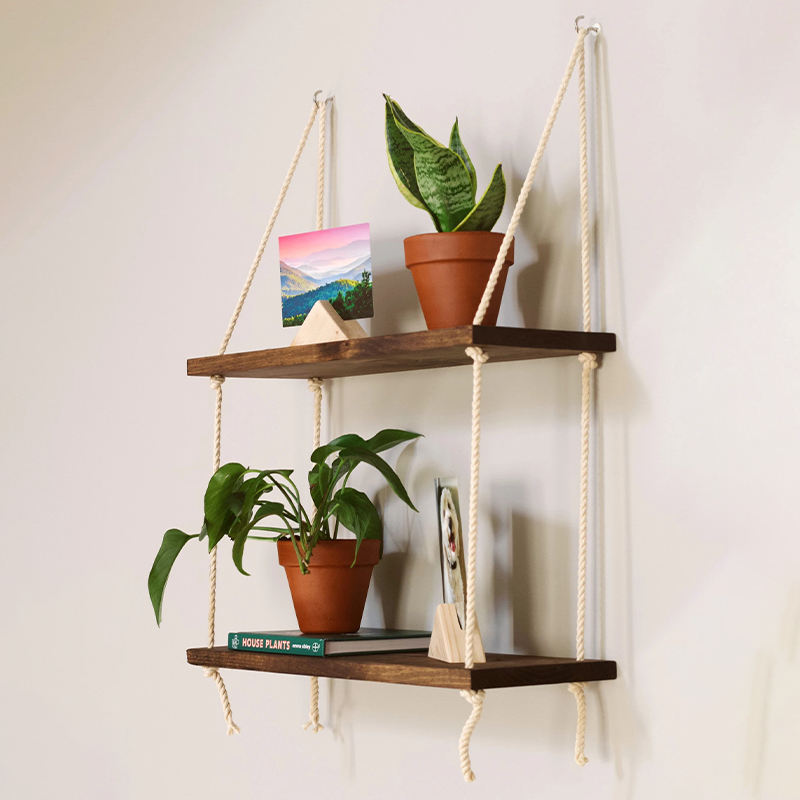 Wood Rectangle Modern Hanging Shelf Wall Swing Storage Shelves 3-Tier Jute Rope Organizer