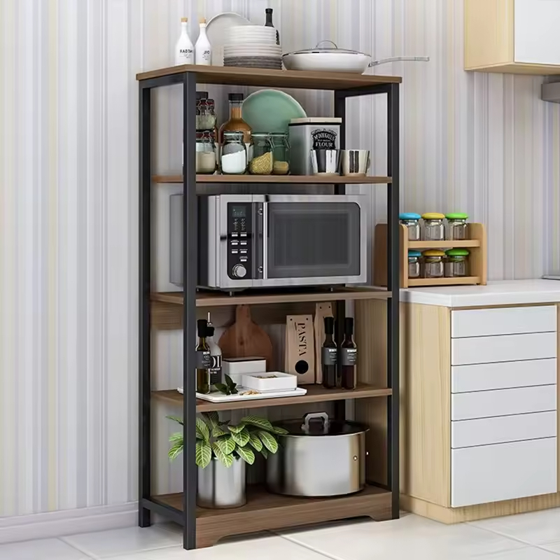 Factory Custom 5-layers Large Capacity Metal and Wooden Kitchen Storage Rack With Three Baskets Kitchen Storage Shelf Oven Rack