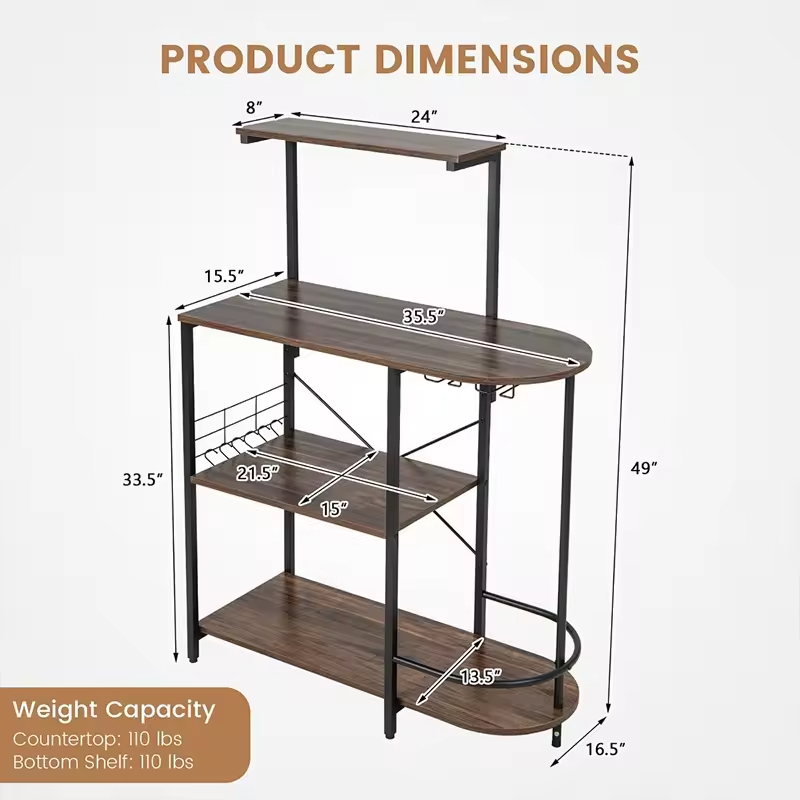 Factory OEM/ODM 4-Layer Kitchen Baker's Rack Coffee Bar Cabinet With Power Outlet Detachable Display Rack With Hooks