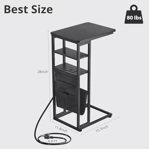 Custom Industrial Style C Shaped Side Table with Charging Station Vintage End Table for Living Room Furniture Direct Factory