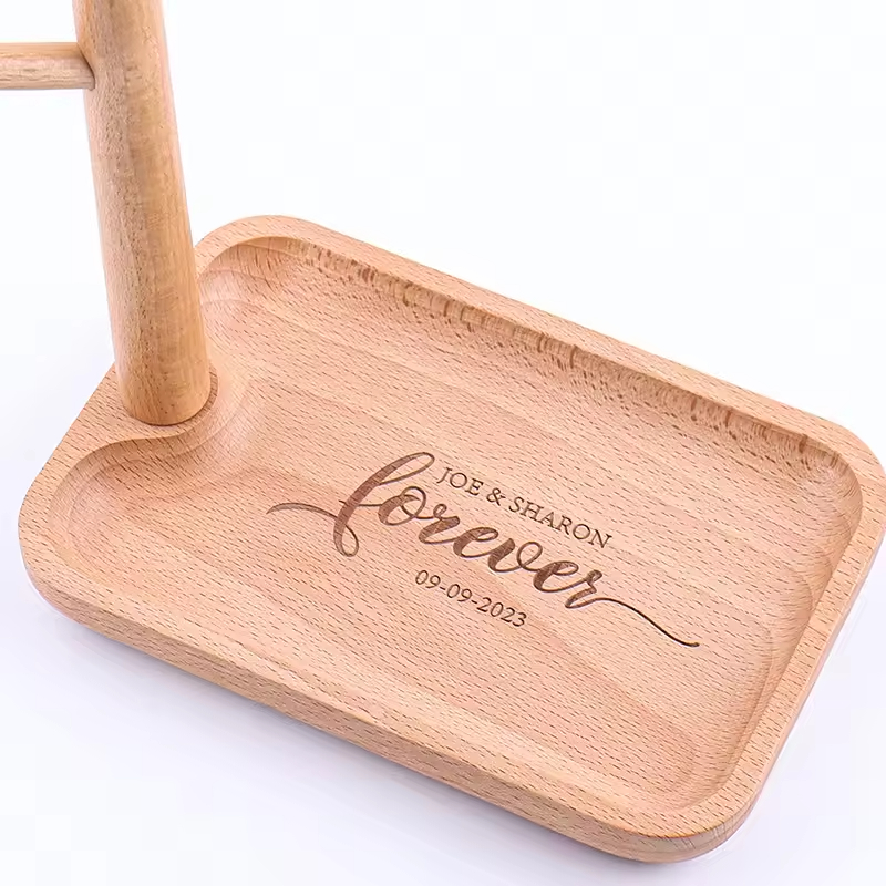 Wooden Jewelry Display Tray Stand with Bamboo Exhibition Display Stand Engraved Desktop Shelf Tree for Porch Storage