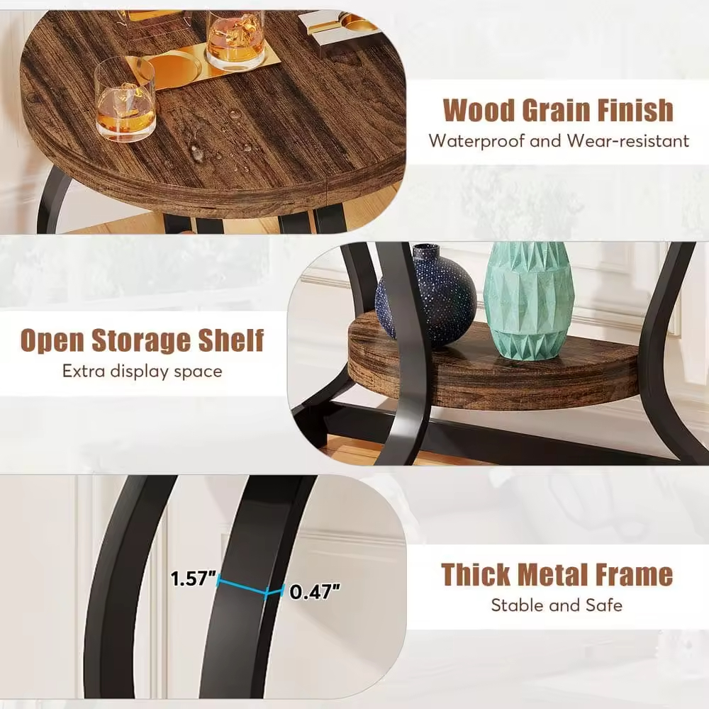 Factory Custom 23.6 in Rustic Brown Semi Circle Wood End Table 2 Tier Sofa Side Table for Living Room