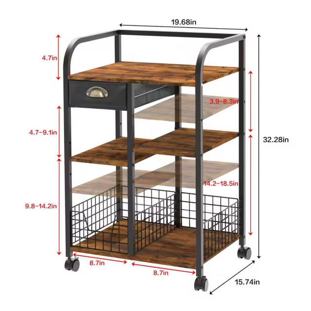 3-Tier Adjustable Vintage Steel & Wood Tool Storage Rack with Rotating Design and Mobile Wheels