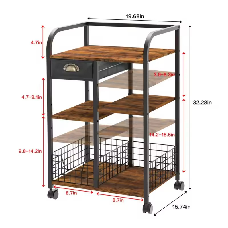3-Tier Adjustable Vintage Steel & Wood Tool Storage Rack with Rotating Design and Mobile Wheels