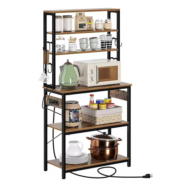 Large Capacity 5-Layer Metal Wooden Kitchen Storage Rack with Three Baskets Custom Factory Oven Rack for Kitchen Islands & Carts