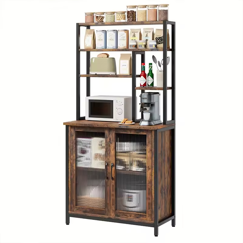 Large Capacity 5-Layer Metal Wooden Kitchen Storage Rack with Three Baskets Custom Factory Oven Rack for Kitchen Islands & Carts