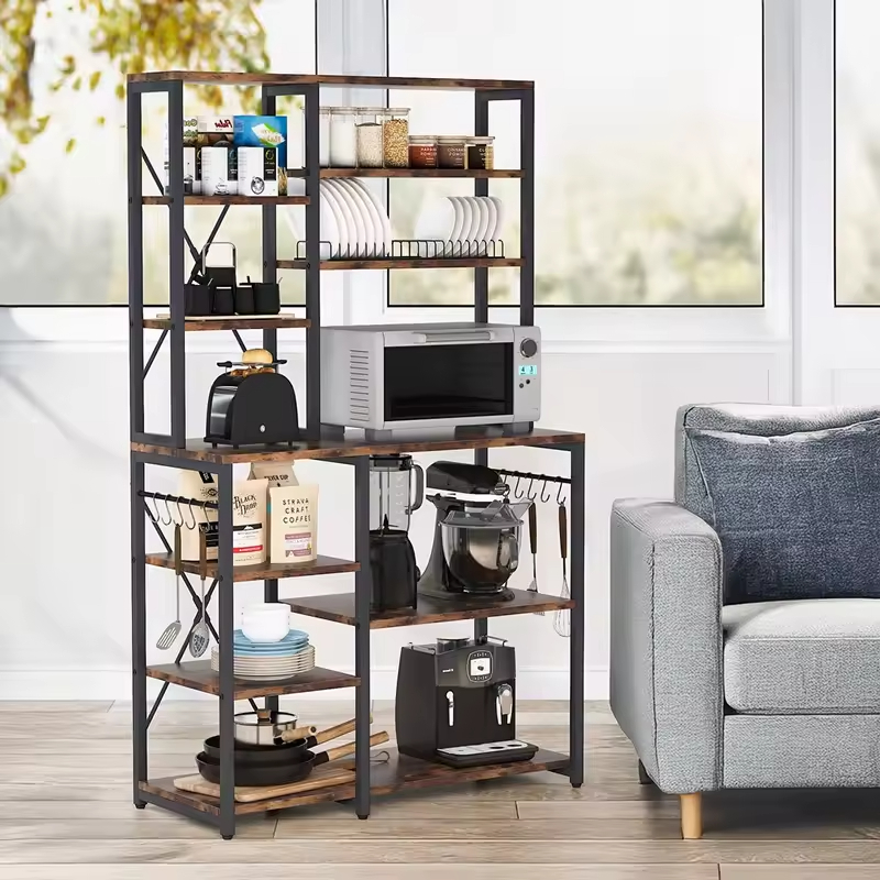 Hot Selling 6-Tier Kitchen Storage Shelf with Hutch and Shelves Custom Factory Fast Delivery for Kitchen Baker's Rack Storage