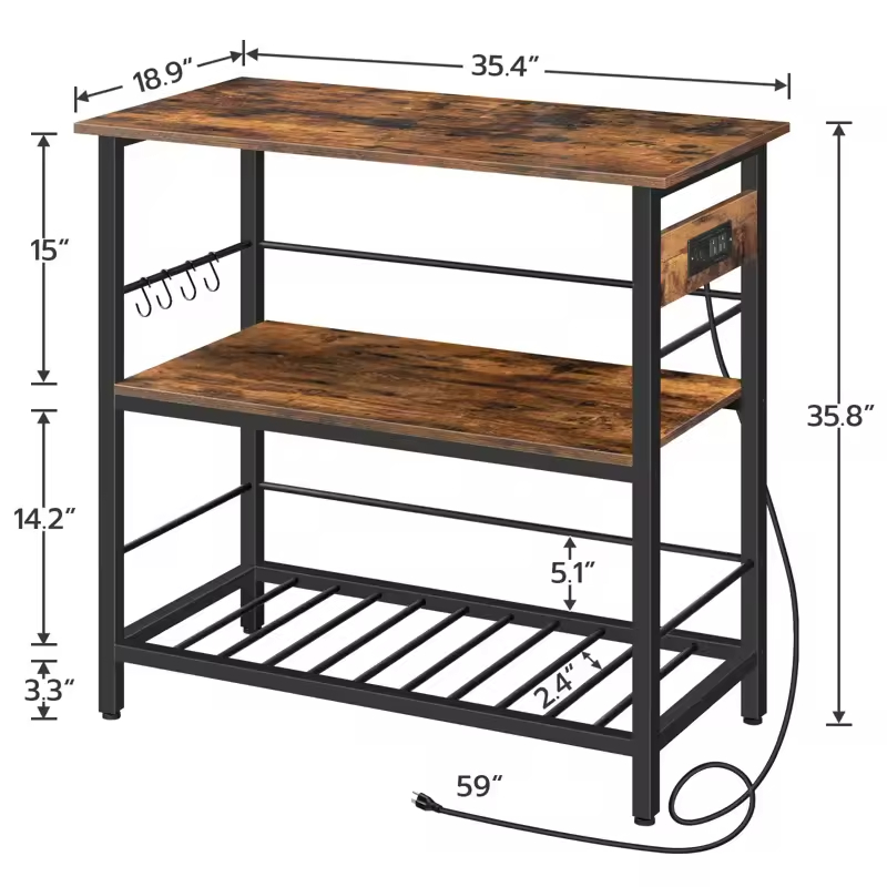 Customizable 3-Tier Kitchen Organizer Rack LED Strip Wood&Metal Storage Rack Featuring Power Outlet Hooks Standing Type