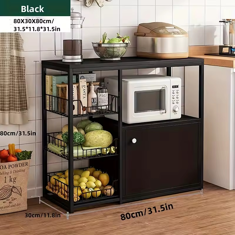 Factory Custom Large Capacity Metal and Wooden Kitchen Storage Rack with Three Baskets Kitchen Storage Shelf Oven Rack