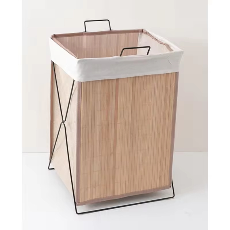 Factory Custom Double Tier Foldable Waterproof Steel & Polyester Wood Bathroom Laundry Hamper with Removable Design