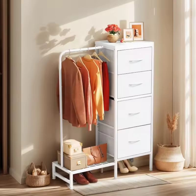 Small Metal Frame Bedroom Organizer with Hanging Rack and 4 Drawers Space-Saving Furniture for Bathroom Hotel Dorm or Closet