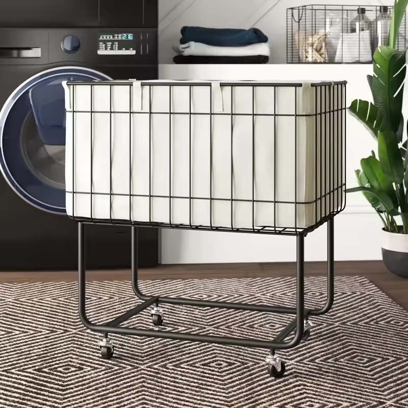 OEM ODM Metal Deep Set Wire Basket Storage Cart Fabric Lining Strong Load-Bearing Beverage Tableware Storage Cart for Kitchen